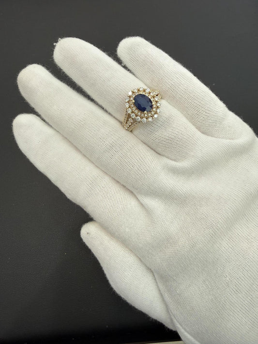 Oval Blue Sapphire & Diamond Halo Ring 14K Yellow Gold