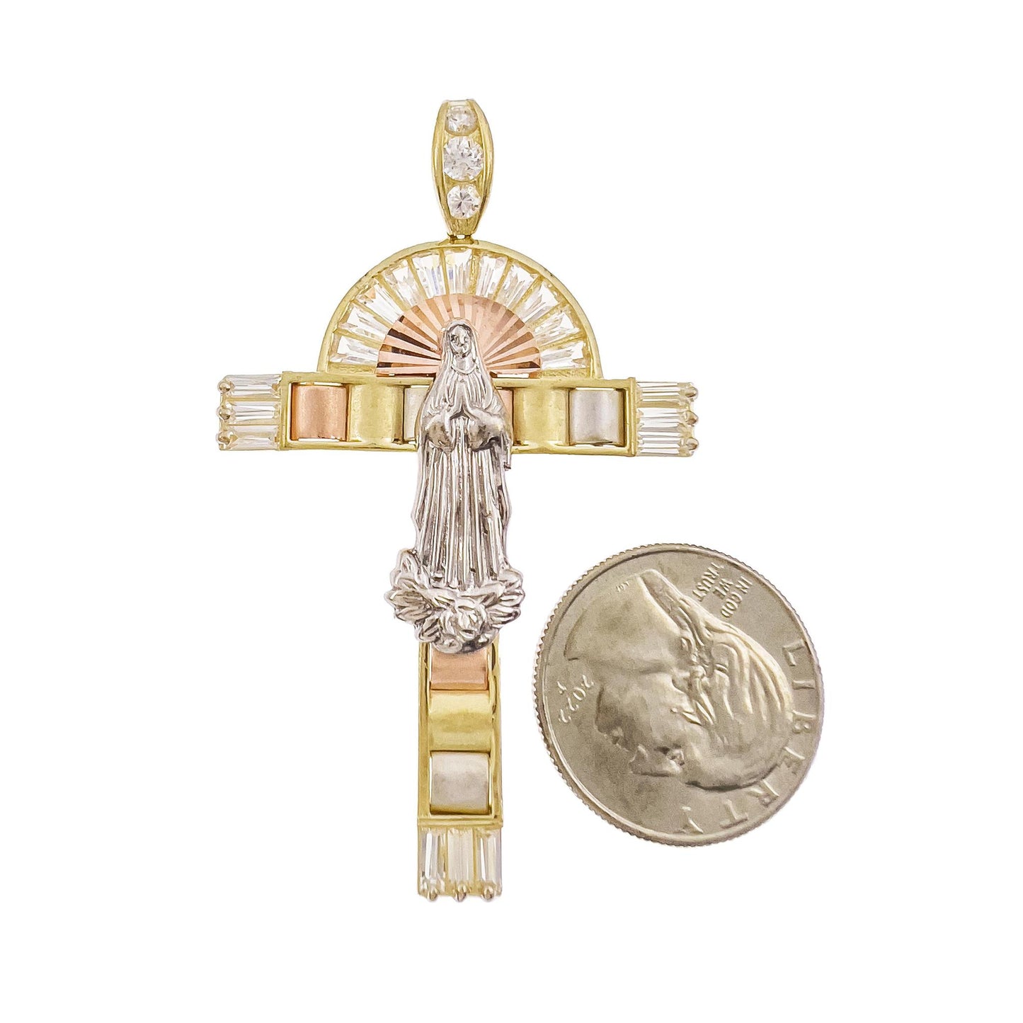 Lady Guadalupe Virgin Mary Cross Pendant 10k Tri Color Gold CZ Charm 2.7 inch