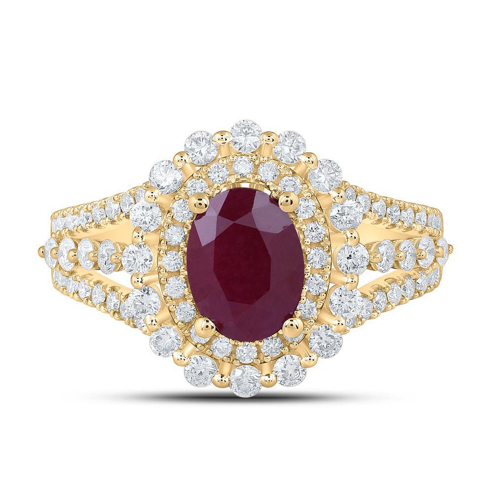 Natural Oval Ruby & Diamond Round Womens Ring 14k Yellow Gold 2.37 Cttw