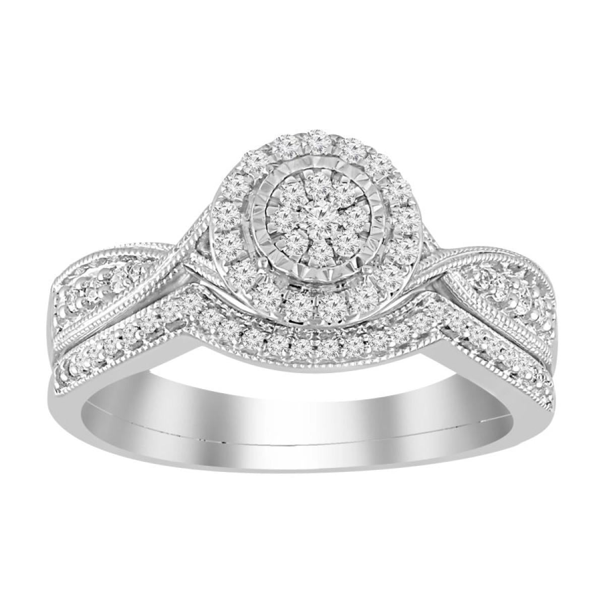 0.25ctw Diamond Round Cluster Bridal Wedding Ring Set 10k White Gold