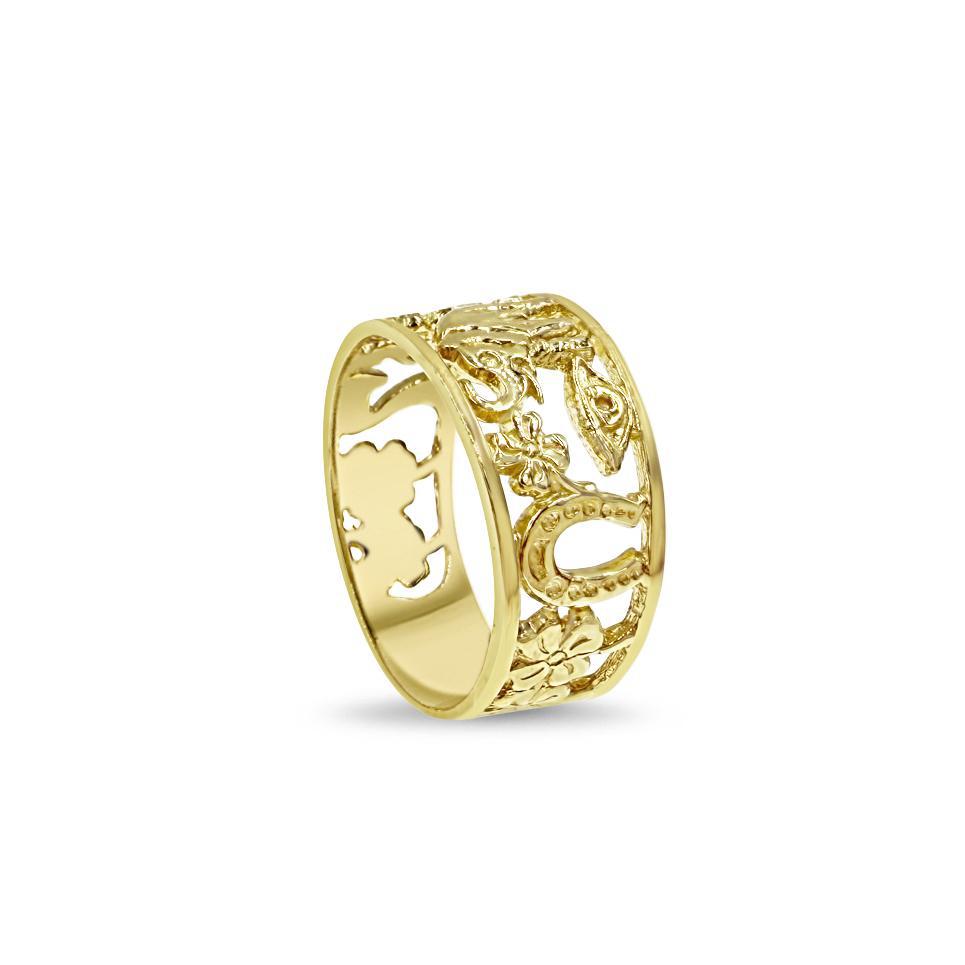 14K Yellow Gold Good Luck Band Ring Elephant Owl Cut out