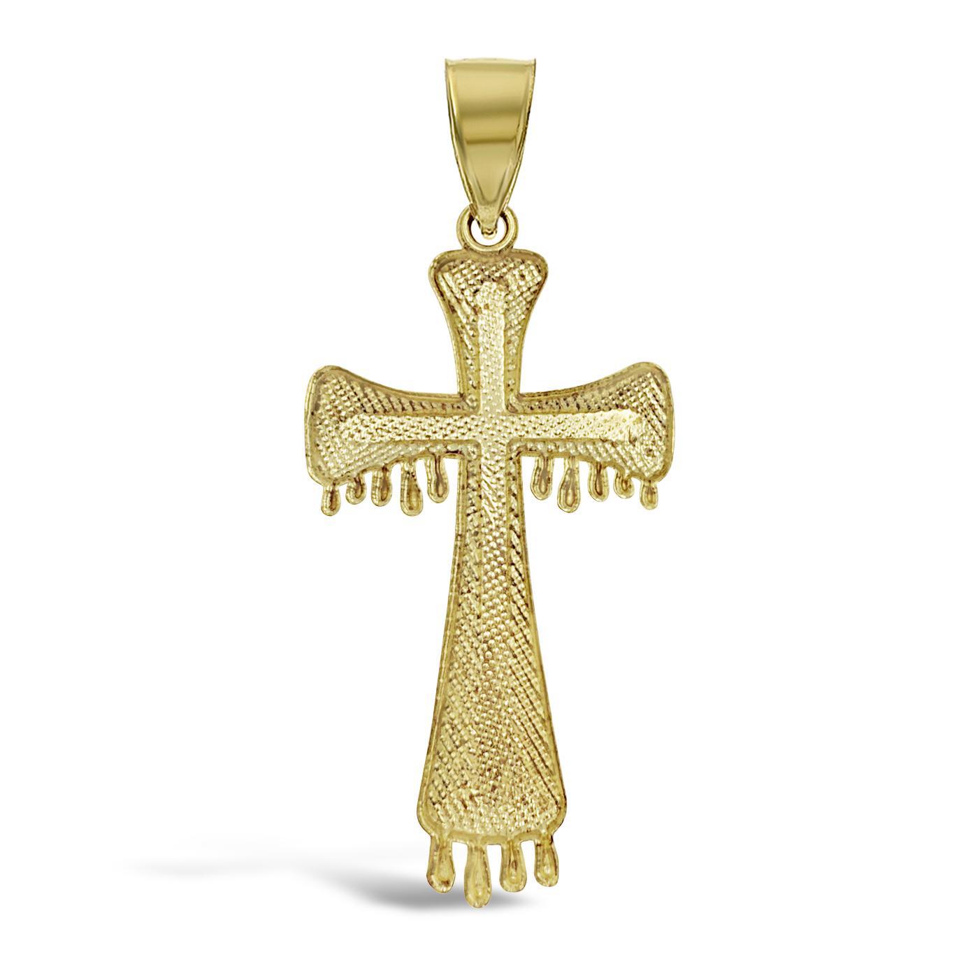Cross Dripping Pendant Mens Charm 10k Yellow Gold Diamond Cut 2.2 inch