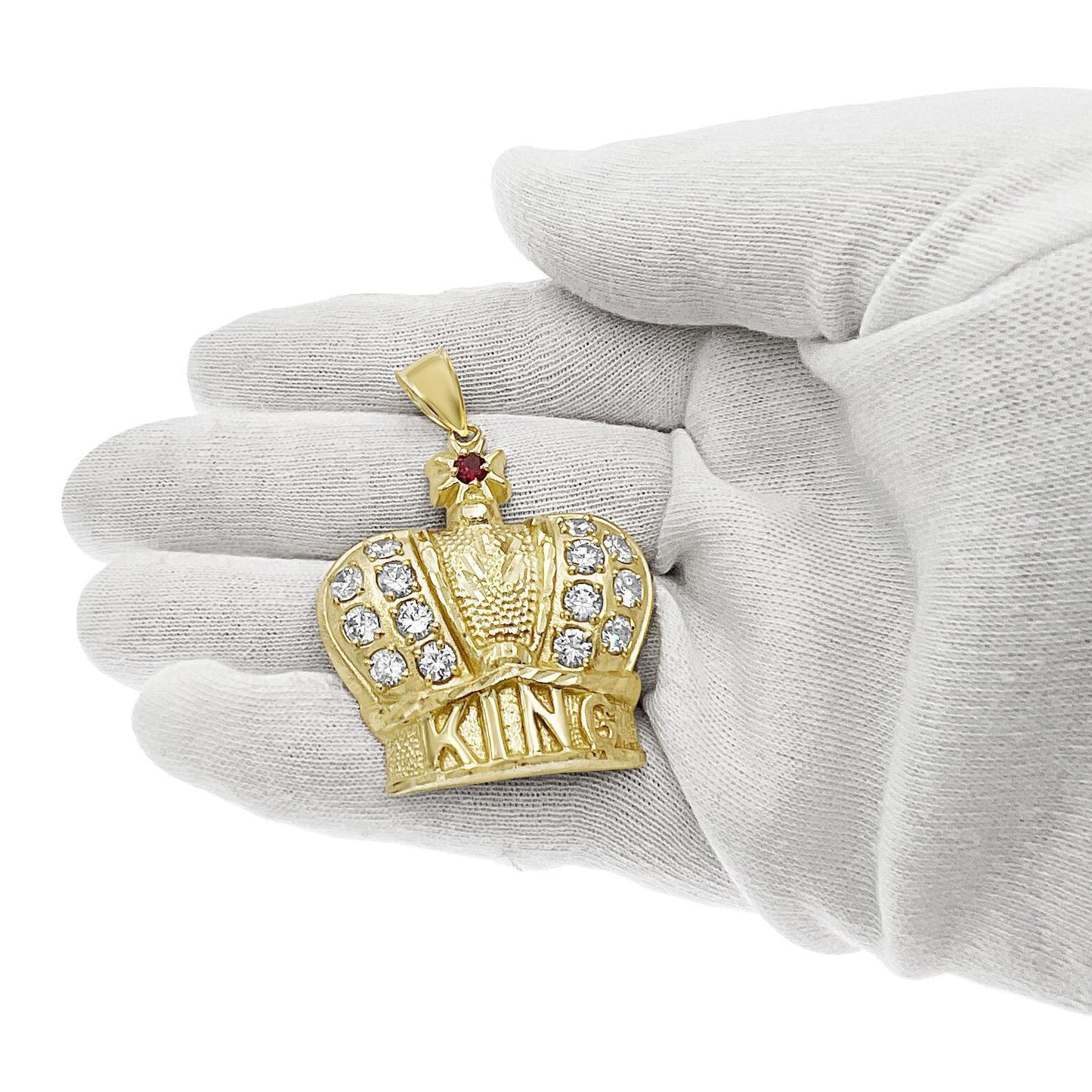 King Crown Pendant Mens CZ Charm 10k Yellow Gold 2 inch