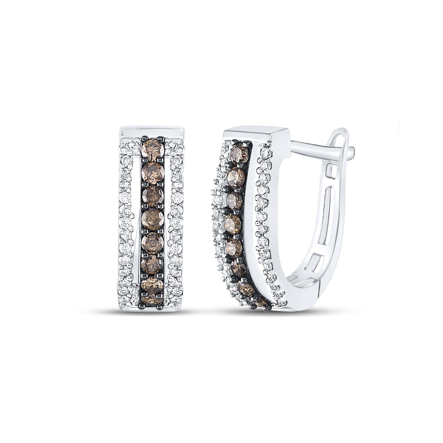 0.48ctw Brown White Diamond Womens Huggie Hoop Earrings 14K White Gold