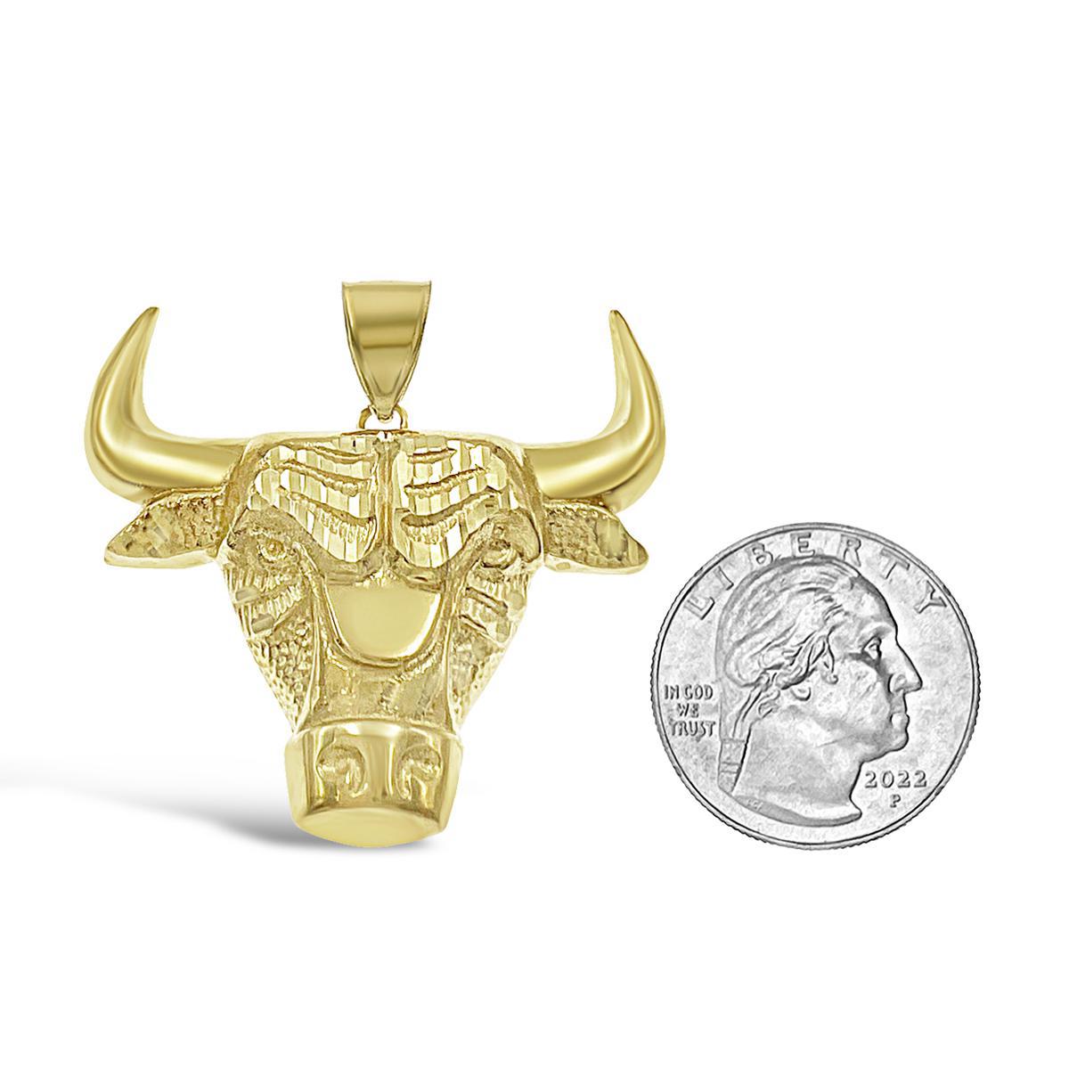 Bull Head Pendant Real 10k Yellow Gold Mens Charm 1.6"