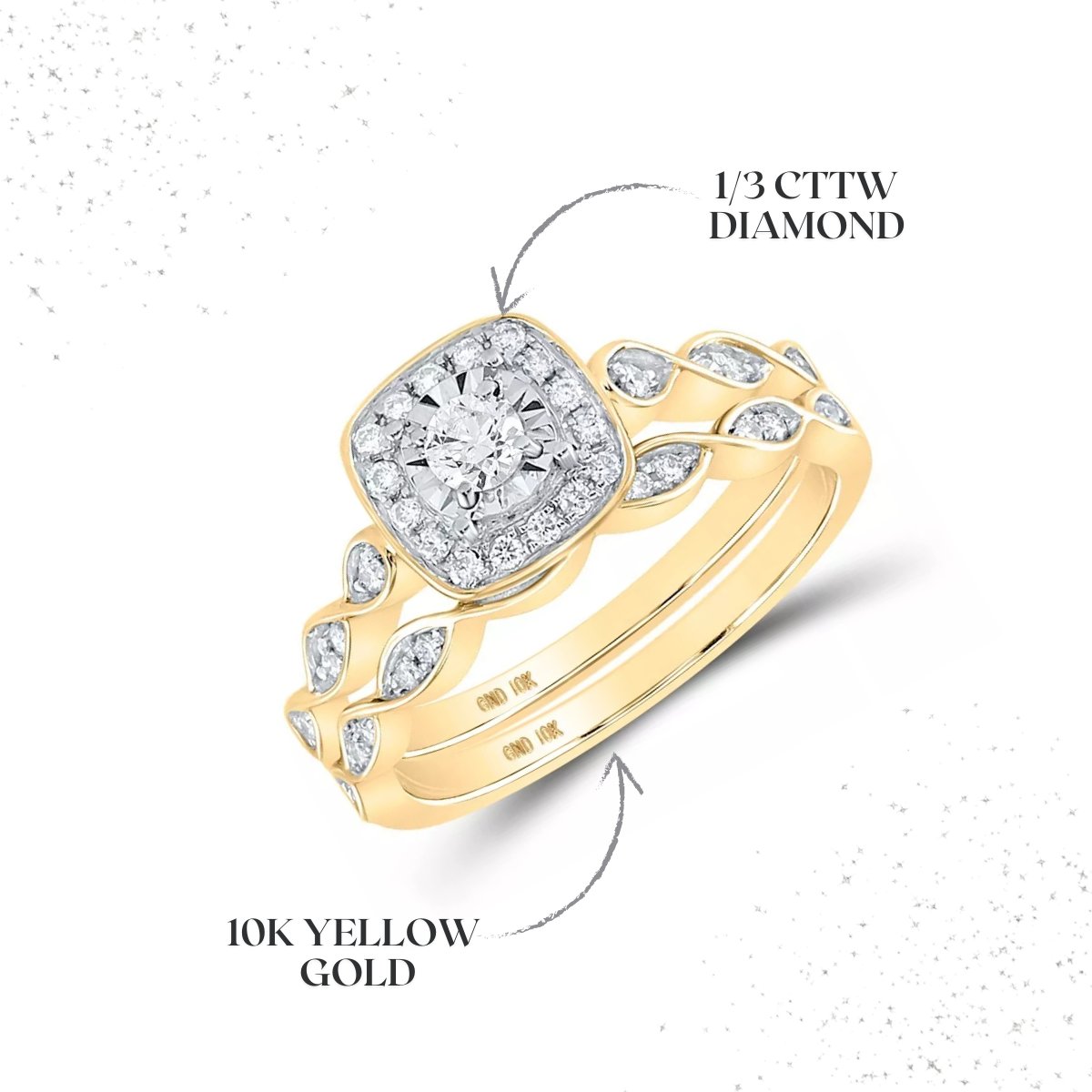 0.33ctw Diamond Cushion Bridal Wedding Ring Set 10k Yellow Gold