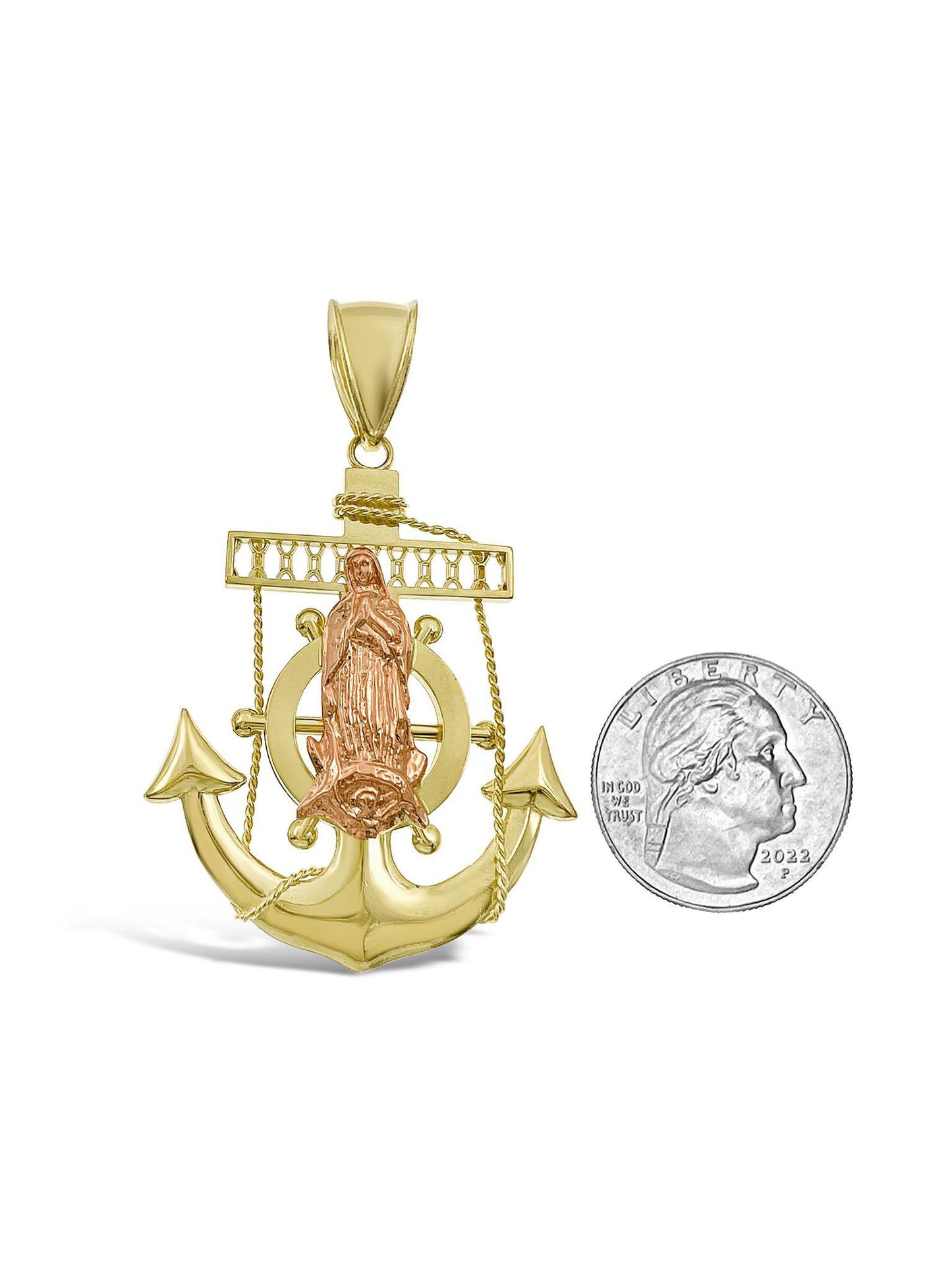 Lady Guadalupe Virgin Mary Anchor Pendant 10k Yellow Rose Gold Charm 2.4 inch