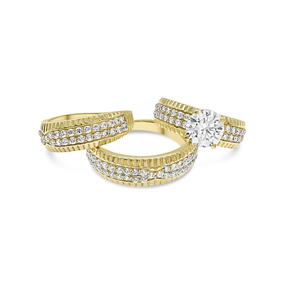 14k Yellow Gold Trio Wedding Ring Band Set His Her Bridal Engagement