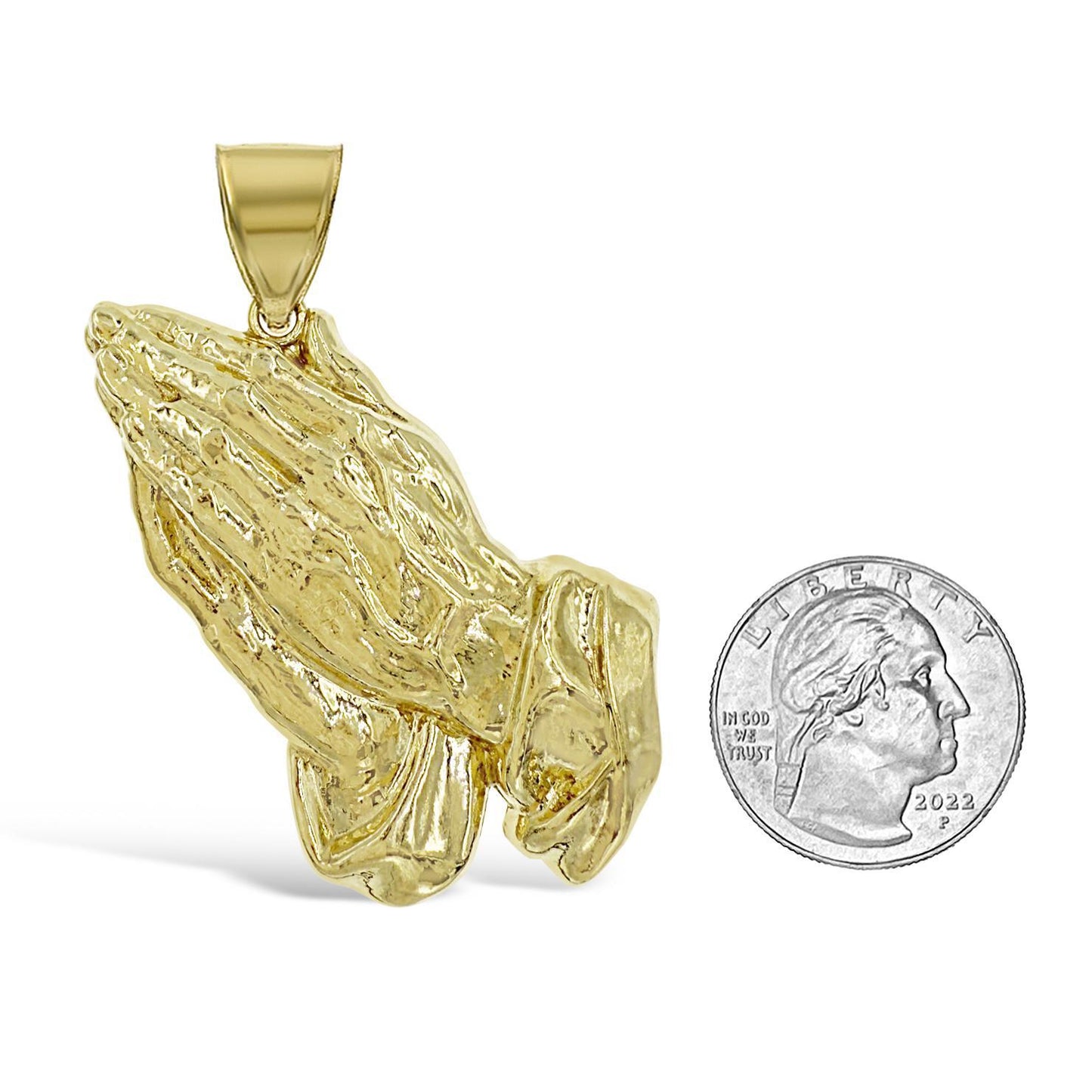 10K Yellow Gold Praying Hands Pendant Mens Charm 2.5 in