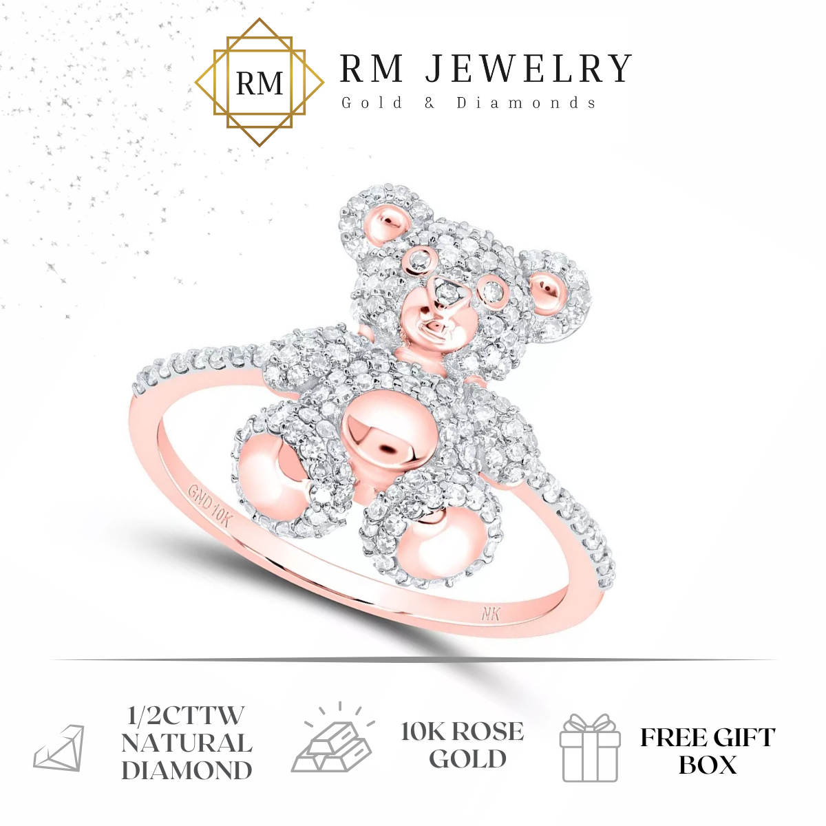 0.50ctw Diamond Teddy Bear Womens Ring 10k Rose Gold