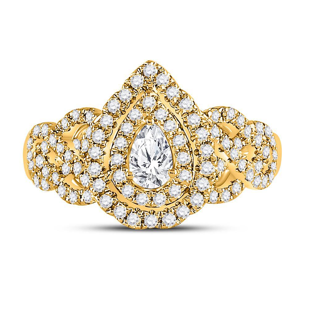1 Cttw Pear Round Diamond Double Halo Engagement Ring 14K Yellow Gold