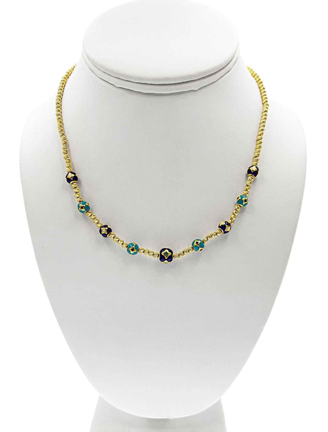 Diamond Cut Ball Chain Enameled Bead Necklace Real 14k Yellow Gold 16"