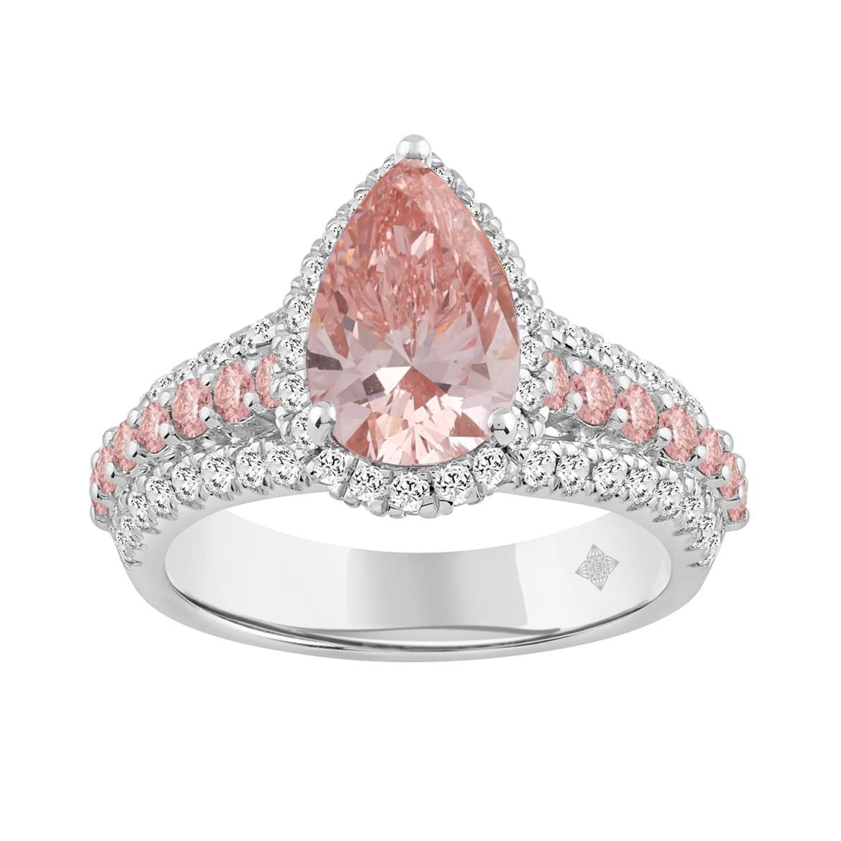 3.25 cttw Lab Grown Pear Pink Diamond Teardrop Halo IGI Engagement Ring 14k Gold