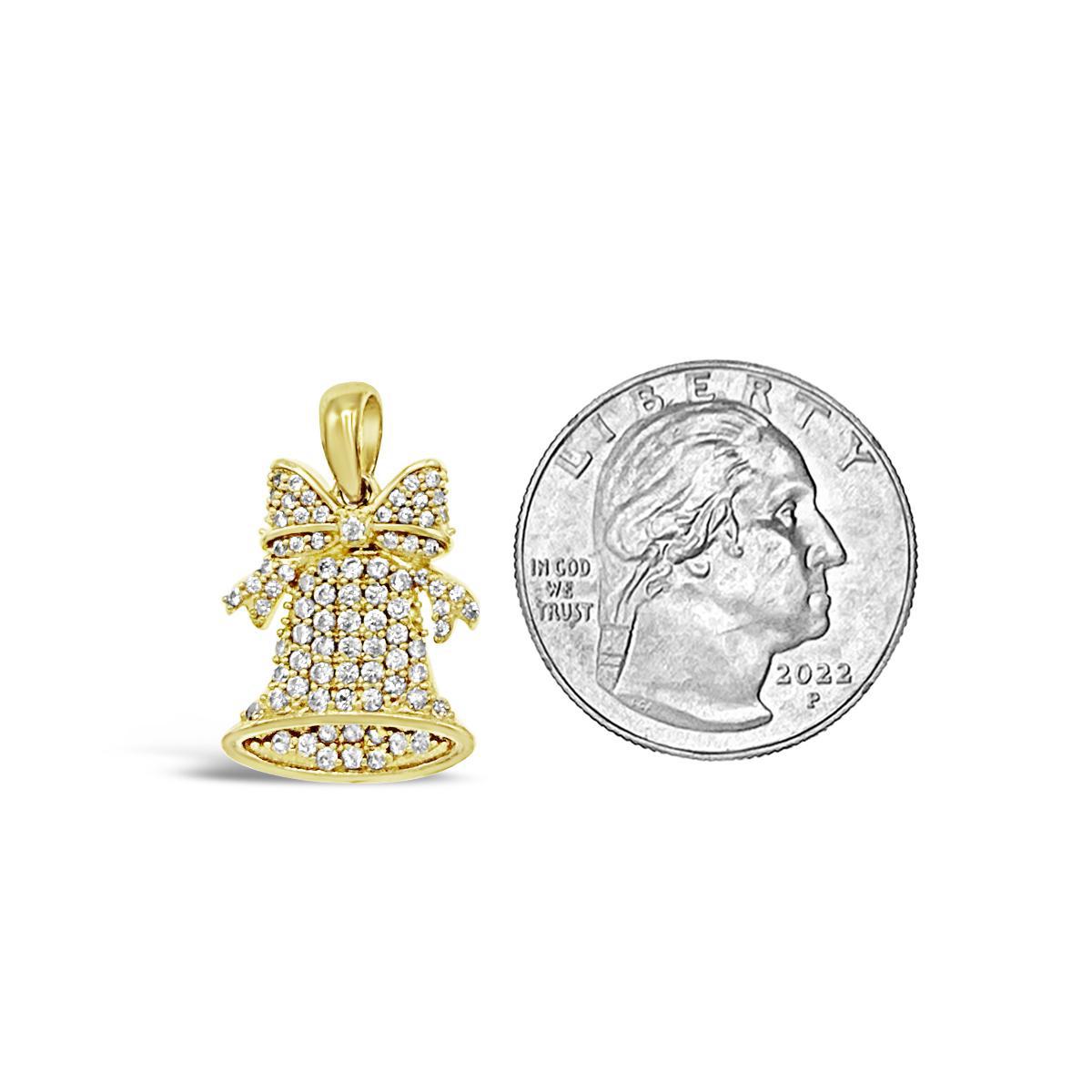 10K Yellow Gold Christmas Bell Pendant CZ Charm 0.9"