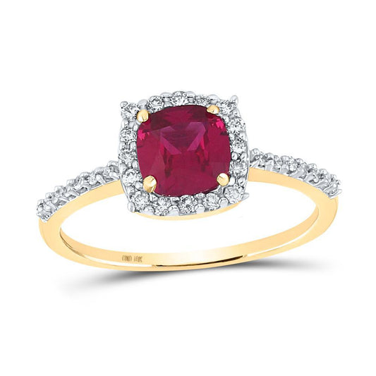 1.50 Cttw Cushion Lab Created Ruby Solitaire & Natural Diamond Ring 10k Gold