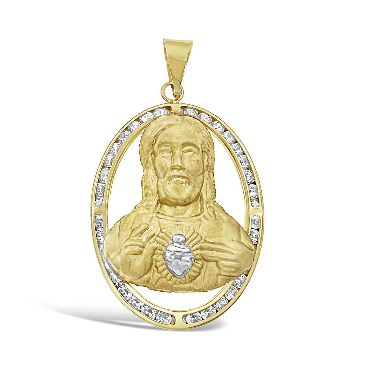 Sacred Heart of Jesus Oval Pendant Mens CZ Charm 10k Yellow Gold 2 inch
