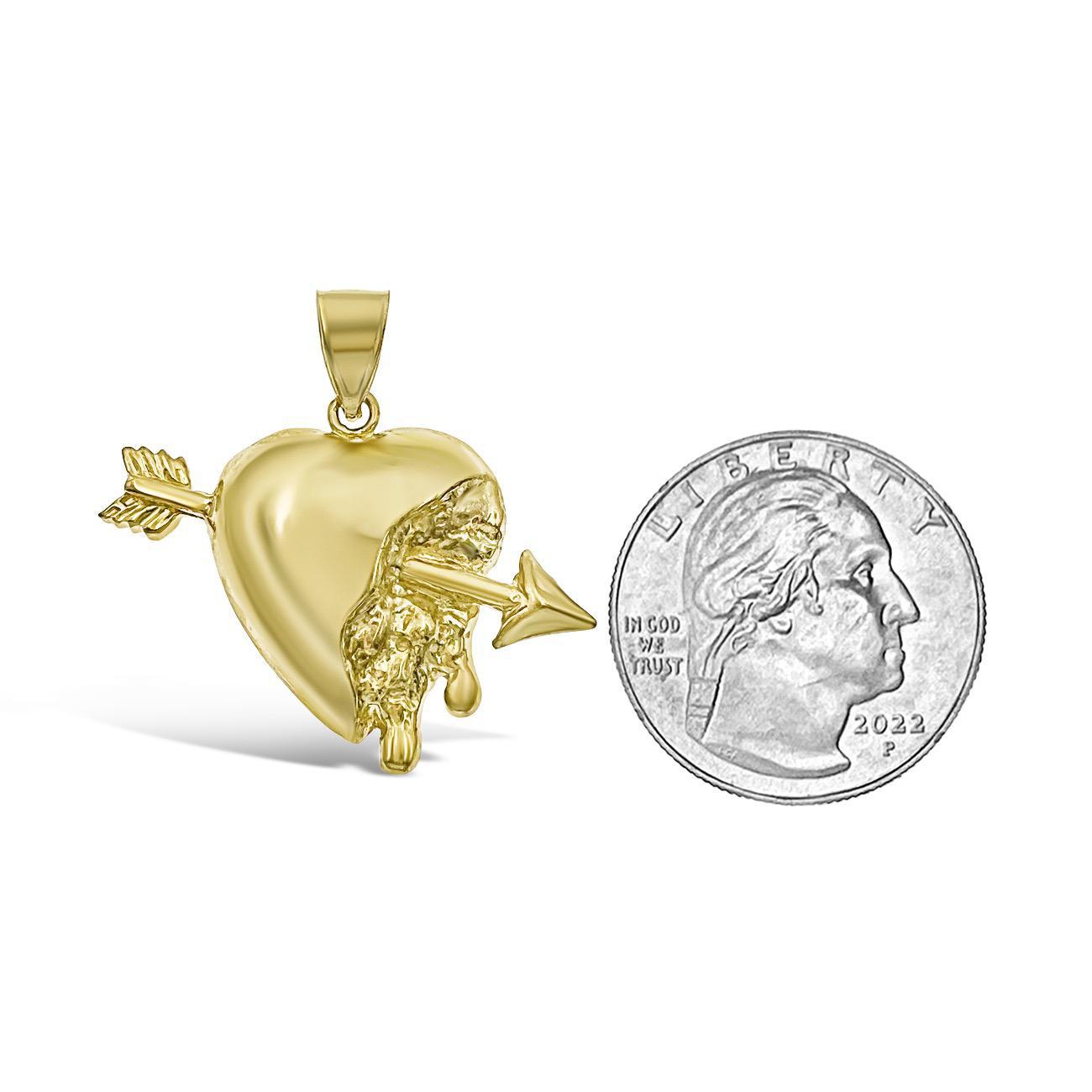 Heart Arrow Dripping Pendant 10k Yellow Gold Charm 1.3 inch