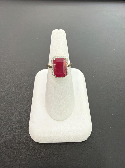 Simulated Ruby Diamond 10K Gold Halo Cocktail Ring