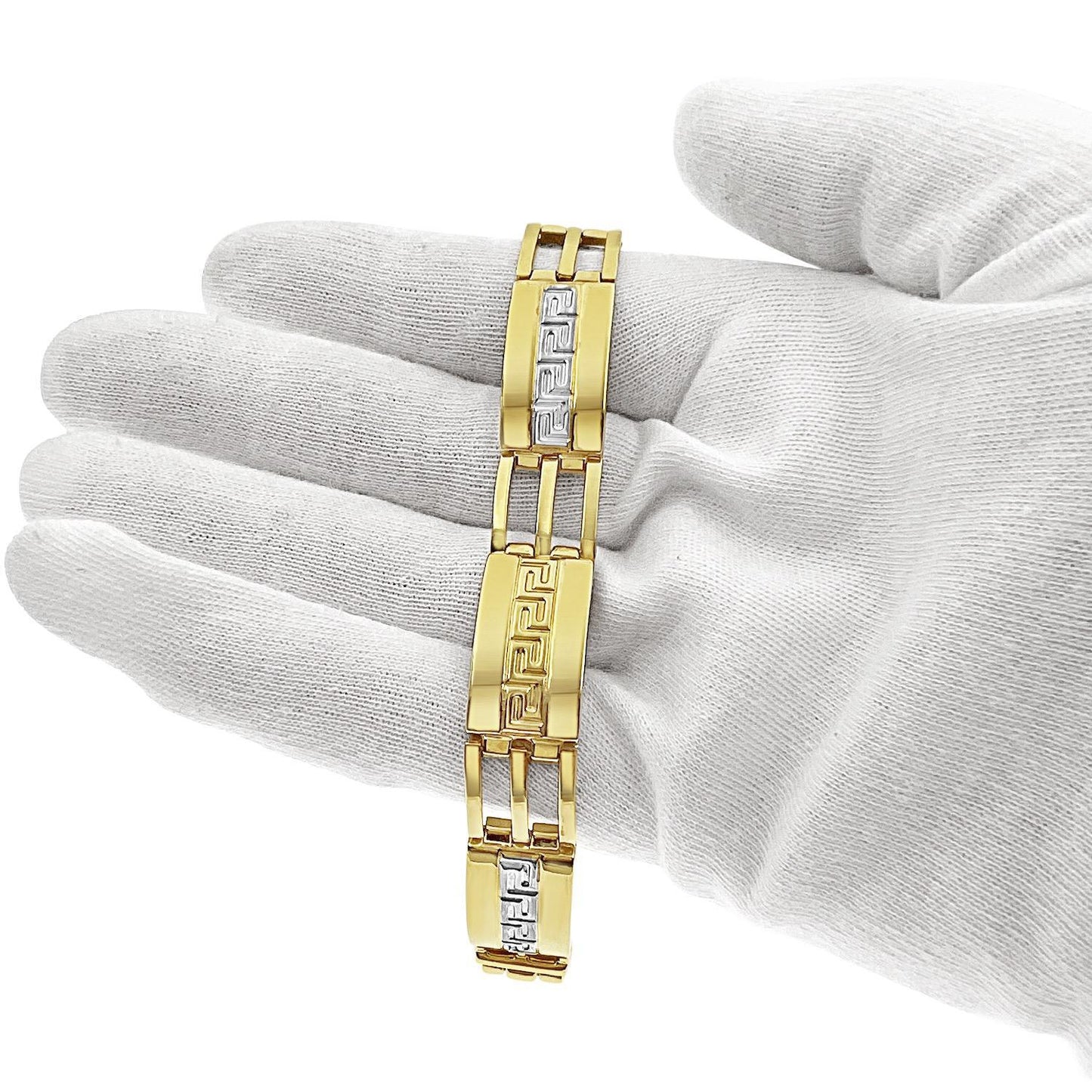 10k Yellow Gold 12mm Railroad Style Greek Key Bracelet Mens Two Tone Textured Links