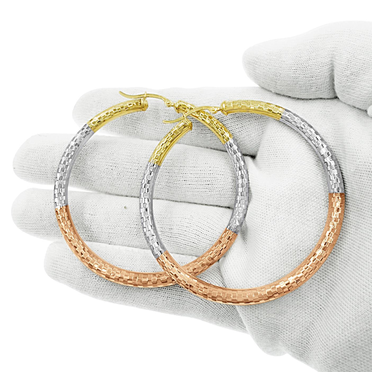 10K Tri Color Gold Large Womens Hoop Earrings Hinged 2.2 Inch 4mm Textured