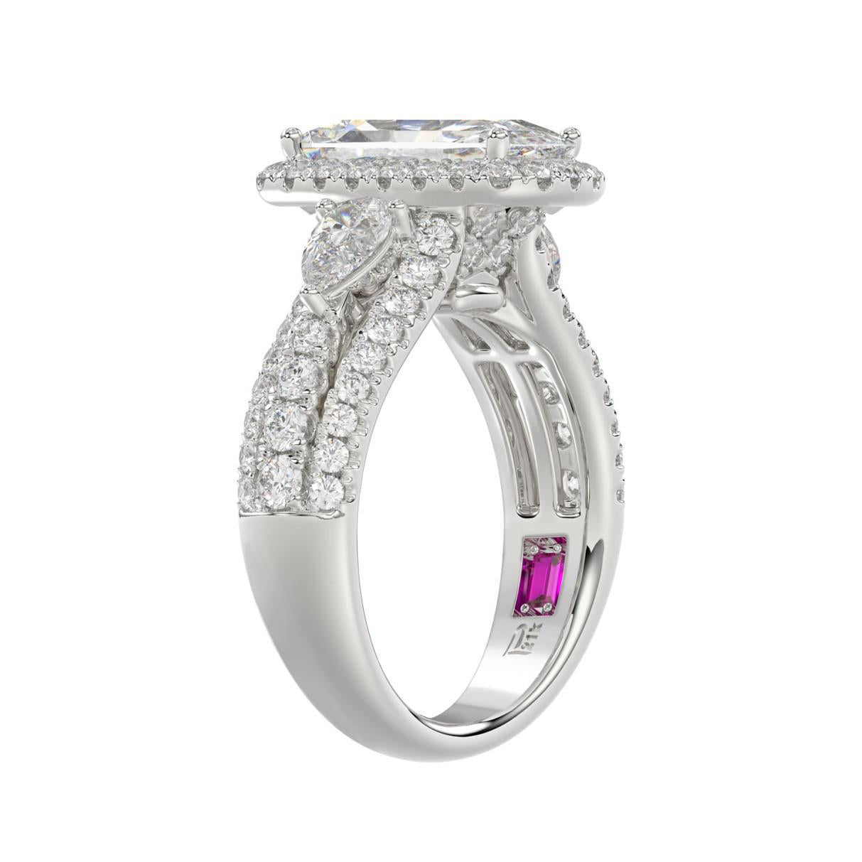 3.5 cttw Lab Grown Cushion Pear Diamond Pink Internal IGI 950 Platinum Ring