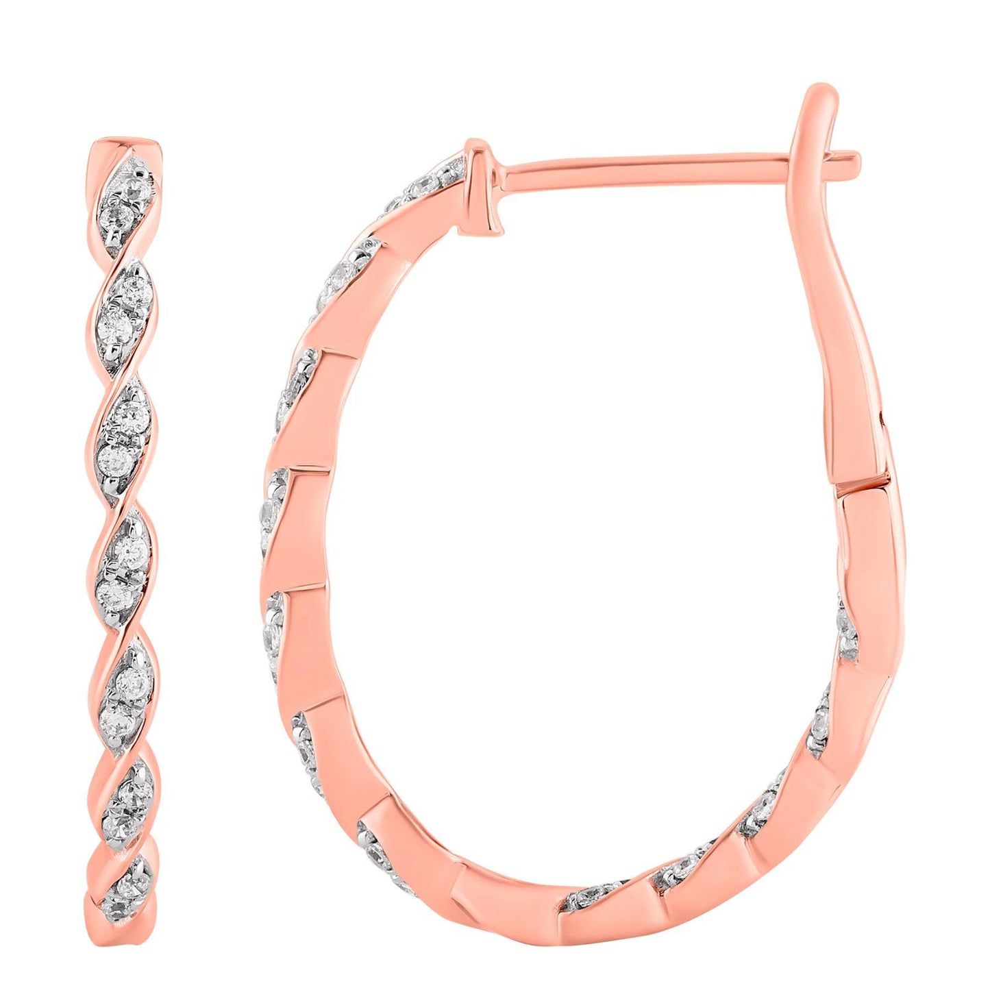 0.25 cttw Diamond Twist Inside Out Oval Hoop Earrings 10k Rose Gold