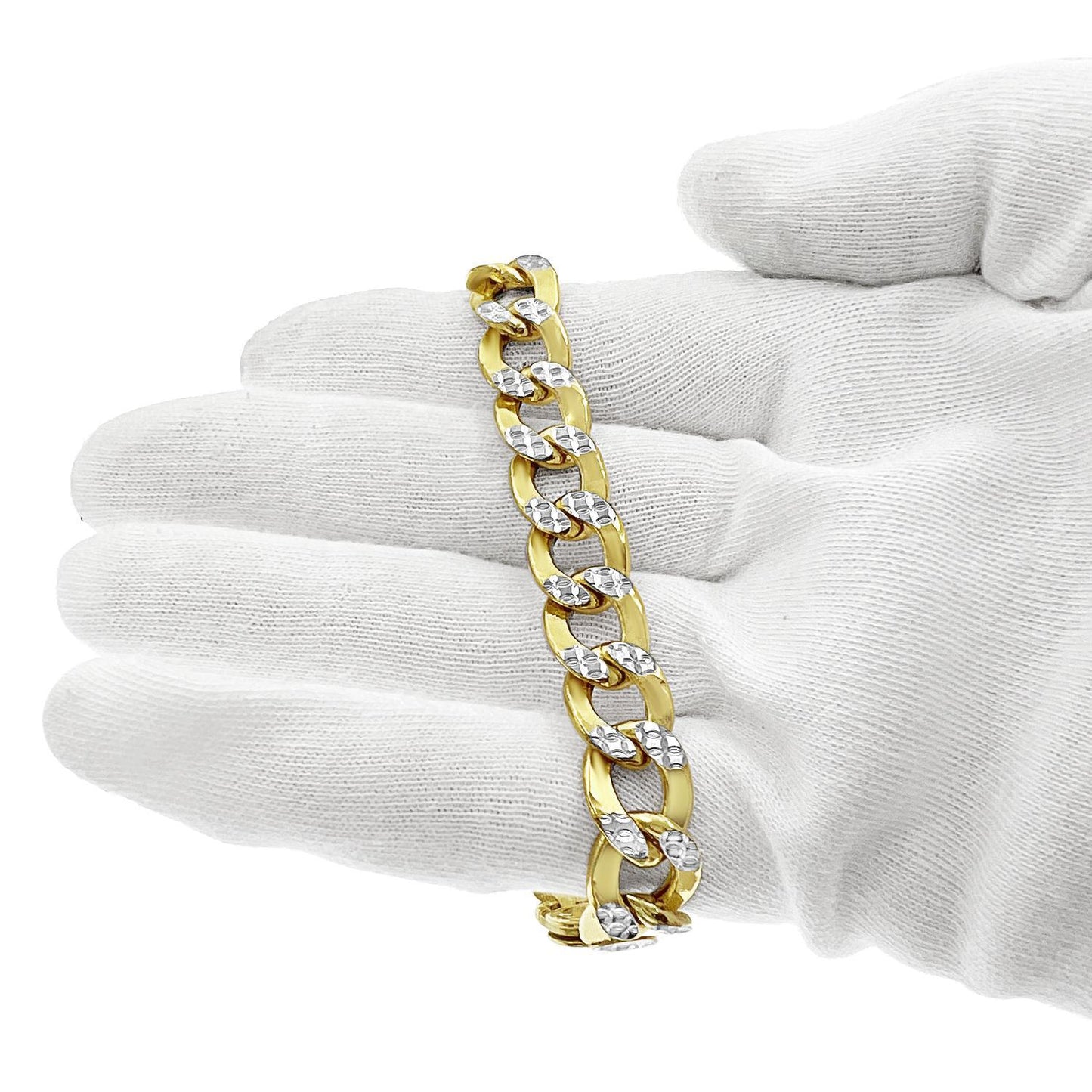 10mm Curb Cuban Link Pave Chain Bracelet 10k Yellow Gold