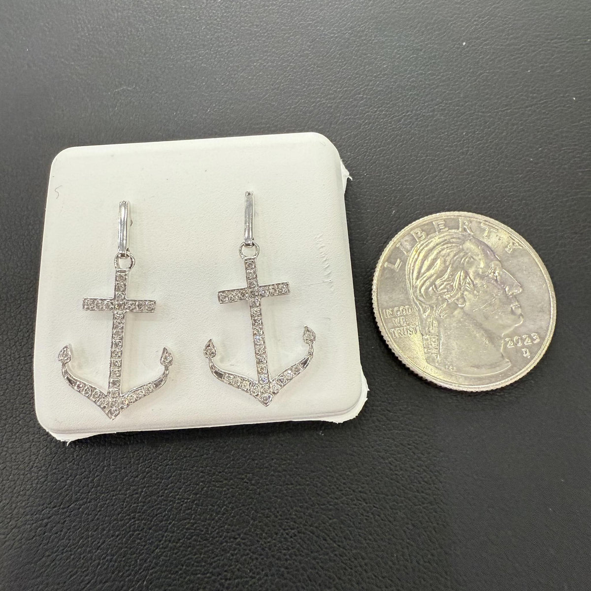 Diamond Anchor Drop Earrings 10K White Gold
