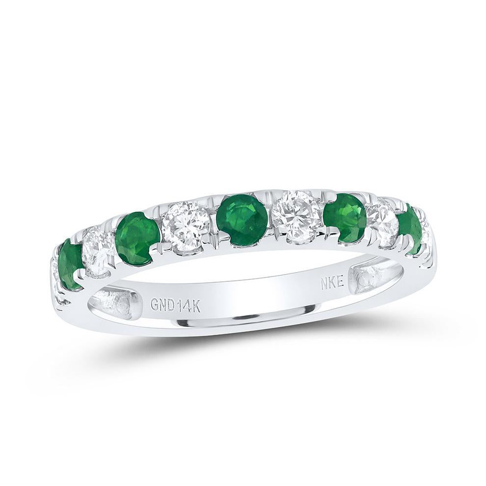 Natural Emerald & Diamond One Row Anniversary Band Women Ring 4k White Gold