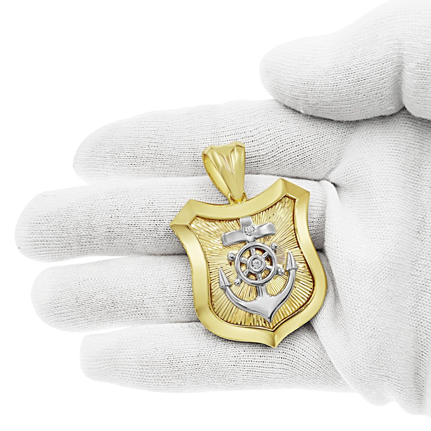 14K Two Tone Gold Mens Anchor Wheel Shield Pendant Nautical Charm 2 inch