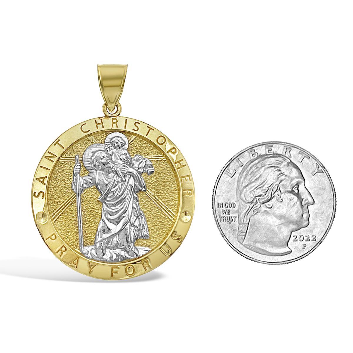 Saint Christopher Pendant Round Charm 10k Yellow White Gold 1.6 inch