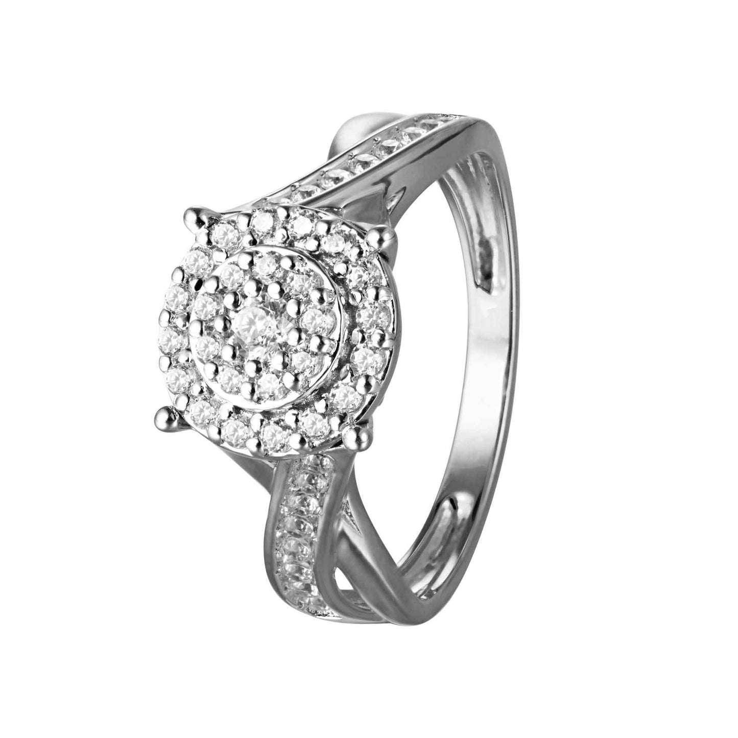 10k White Gold Diamond Round Cluster Engagement Ring Twisted Band 0.50cttw