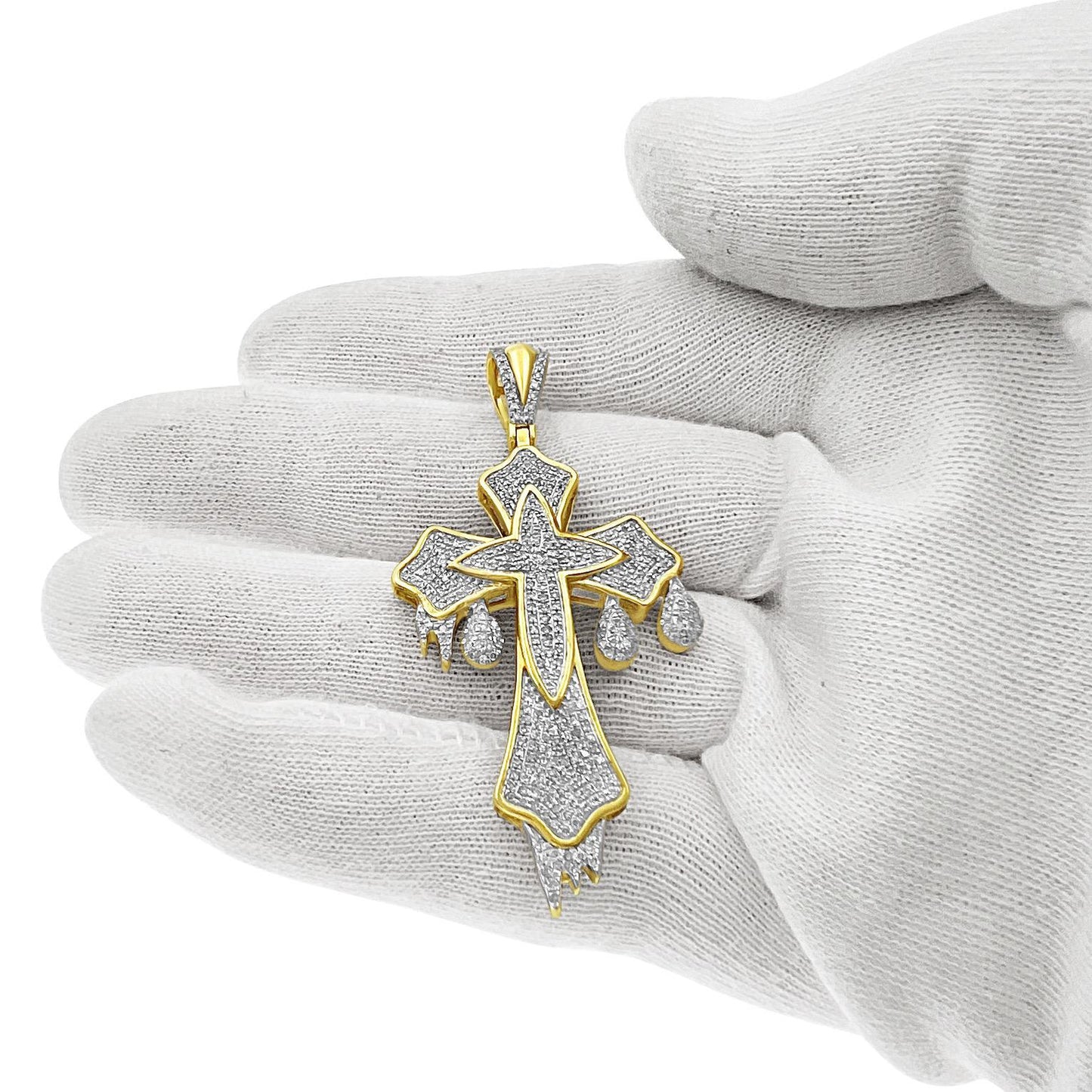 0.75 Cttw Diamond Dripping Cross Pendant 10k Yellow Gold Charm