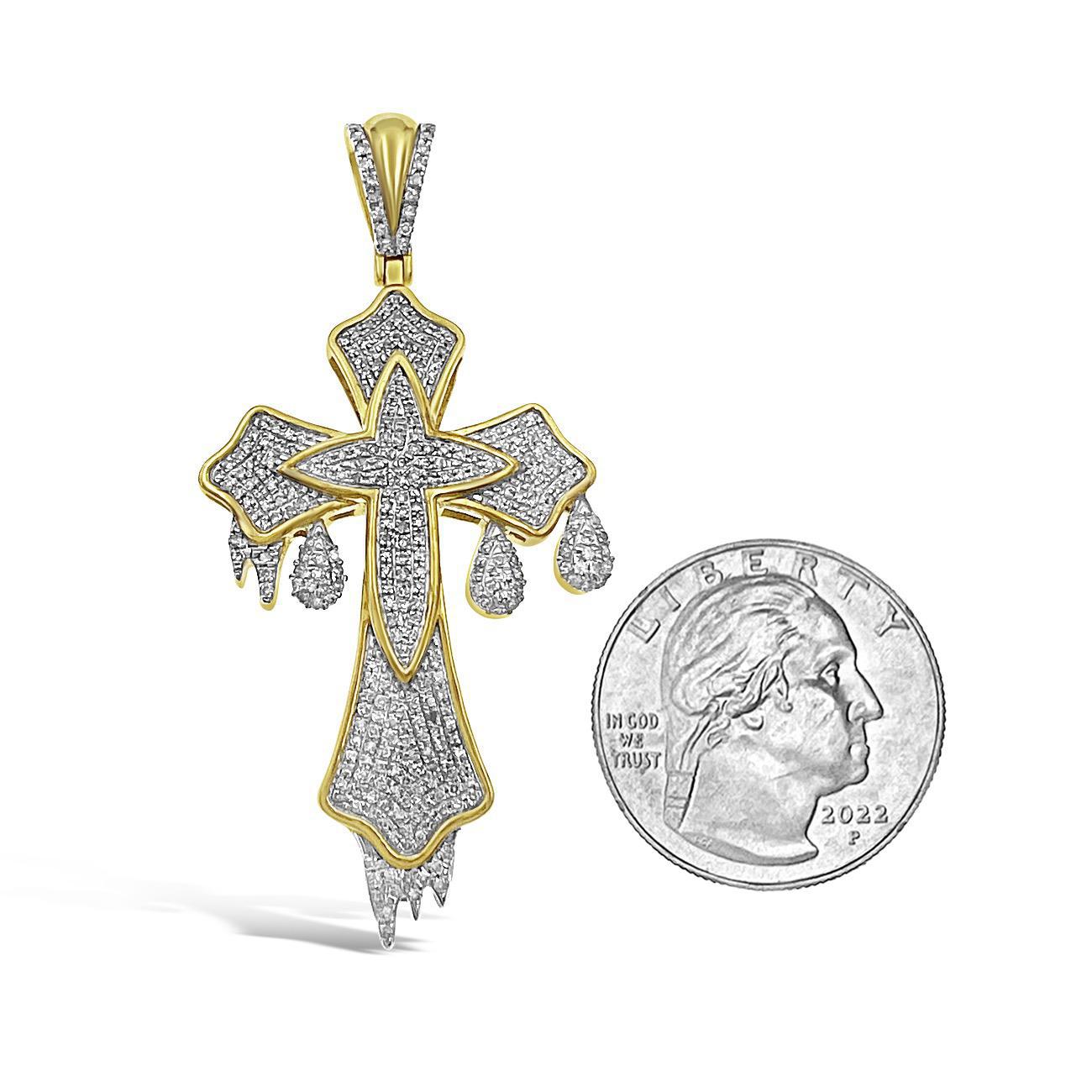0.75 Cttw Diamond Dripping Cross Pendant 10k Yellow Gold Charm