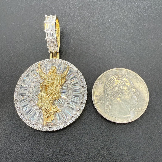 Jesus Pendant Gold Plated 925 Sterling Silver Baguette CZ Iced Out Bling Charm