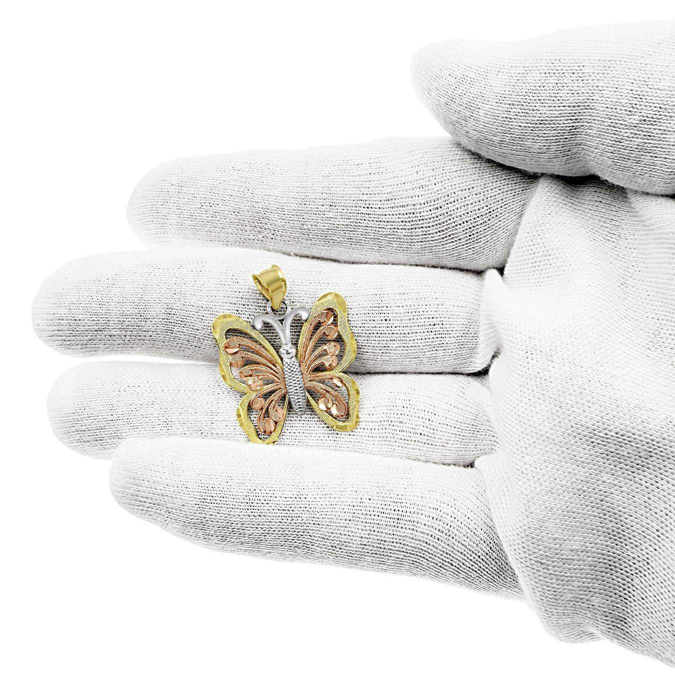 Butterfly Pendant 10k Tri Color Gold Charm 1 inch