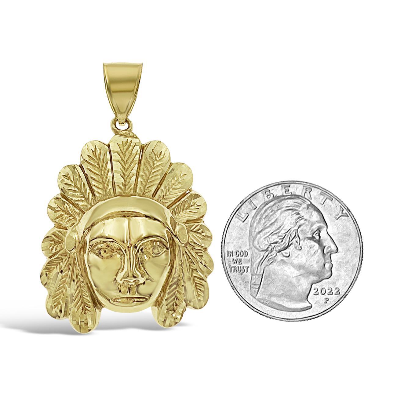 Native Indian Head Pendant 10k Yellow Gold Charm 1.8"