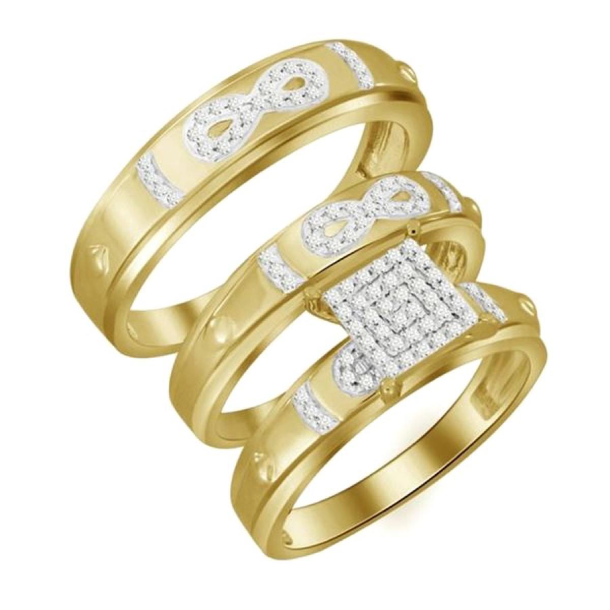Diamond Trio Wedding Infinity His Hers Matching Set Band Ring 10k Yellow Gold
