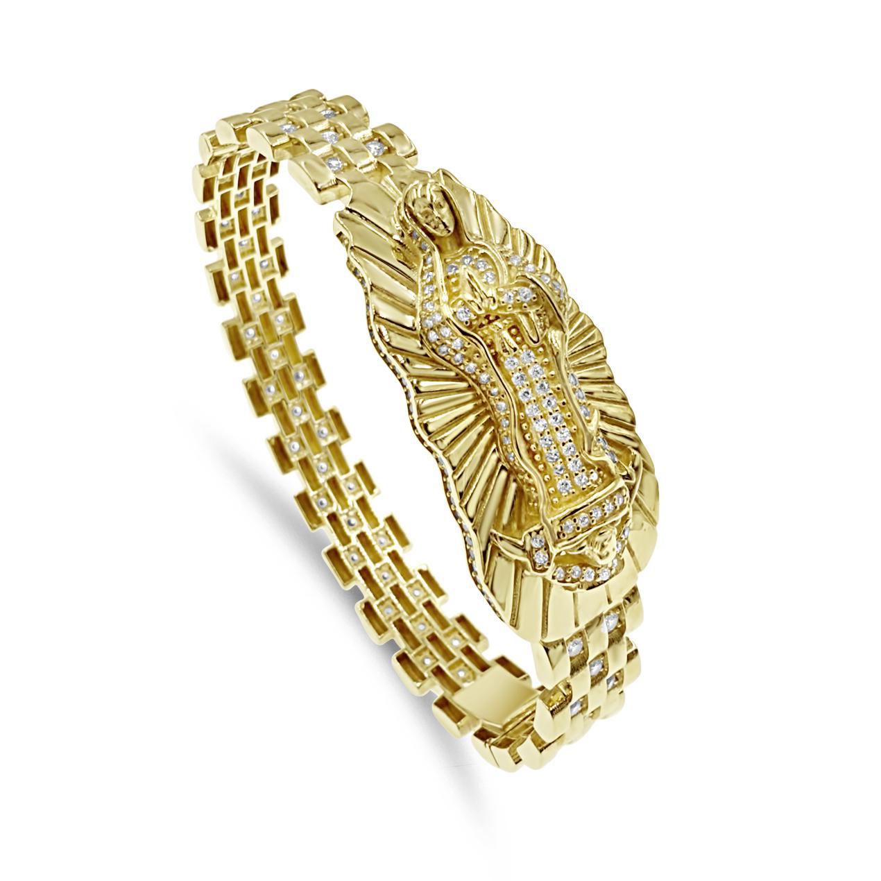 10k Yellow Gold Virgin Mary Hinged Bangle Bracelet CZ Statement