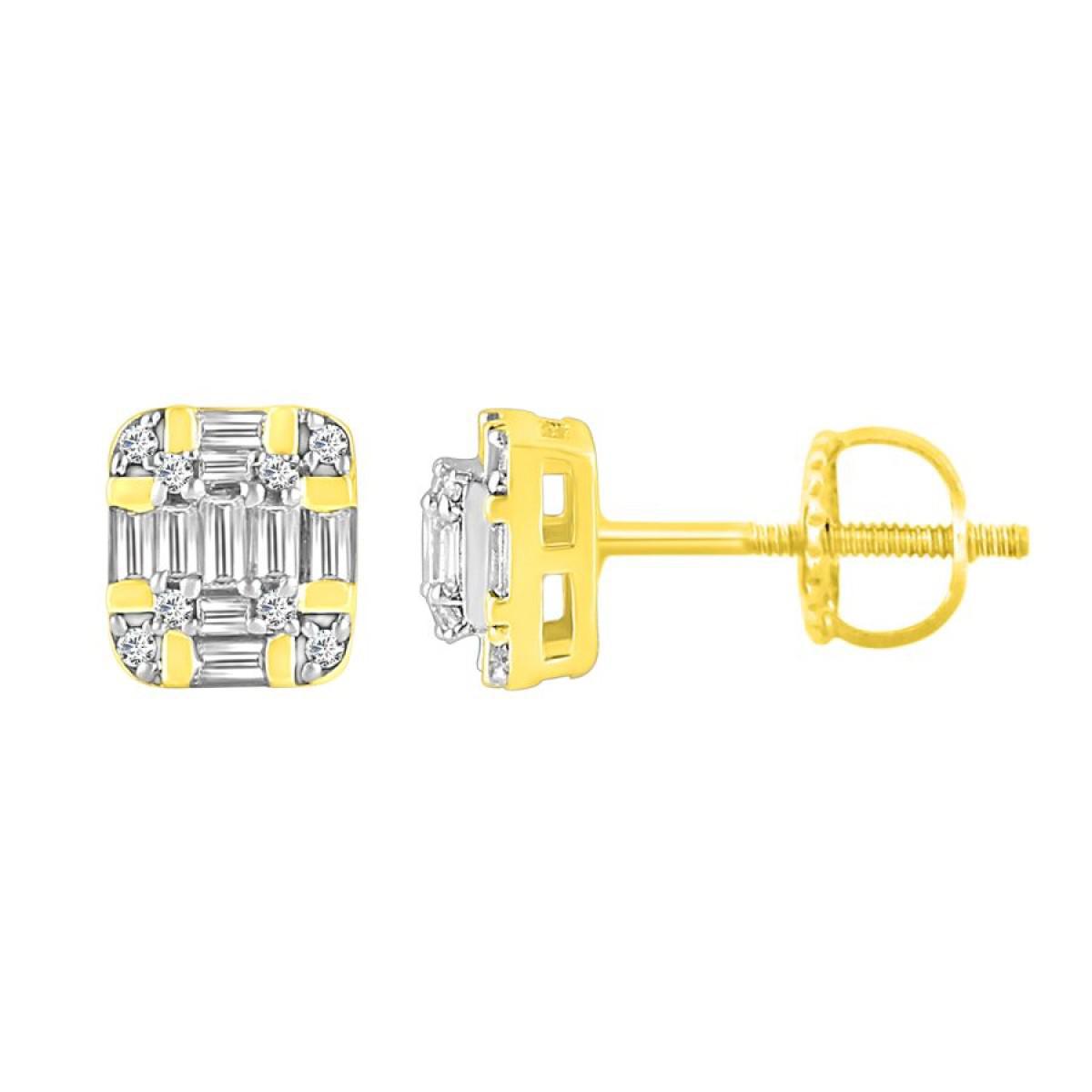 0.25cttw Diamond Baguette Cushion Stud Earrings 10k Yellow Gold Screw back