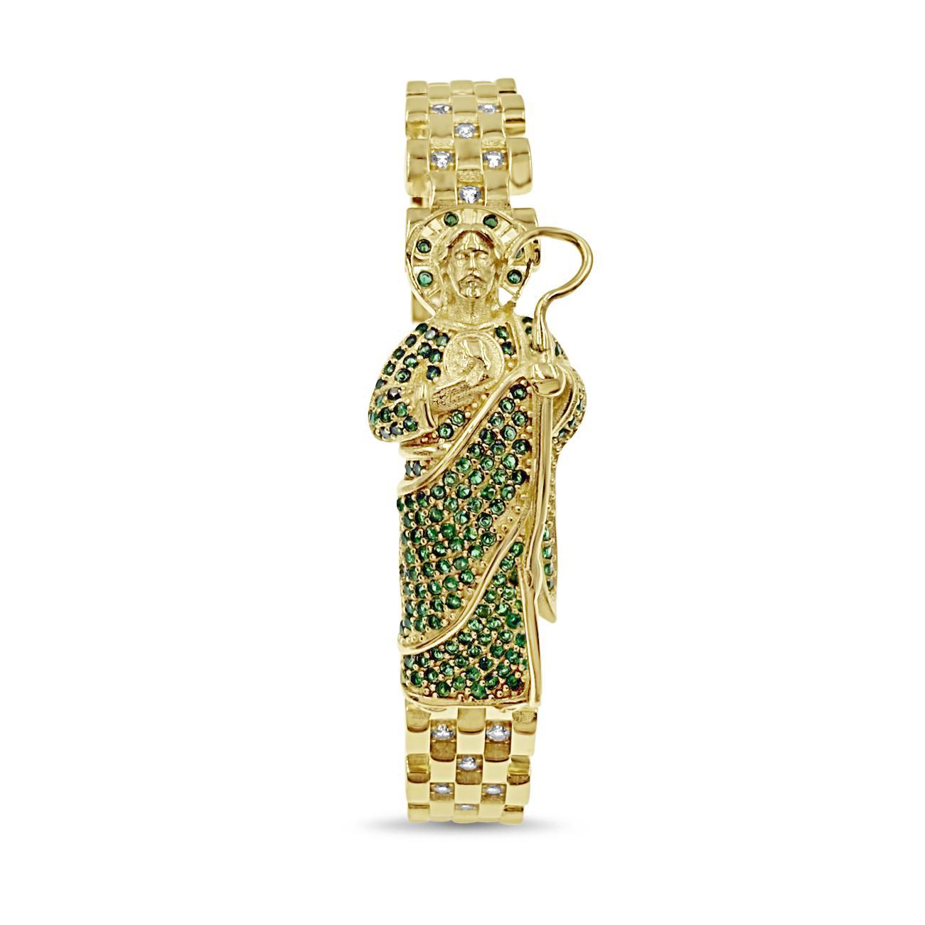 10K Yellow Gold Mens Saint Jude Bracelet Green CZ Hinged Bangle Statement