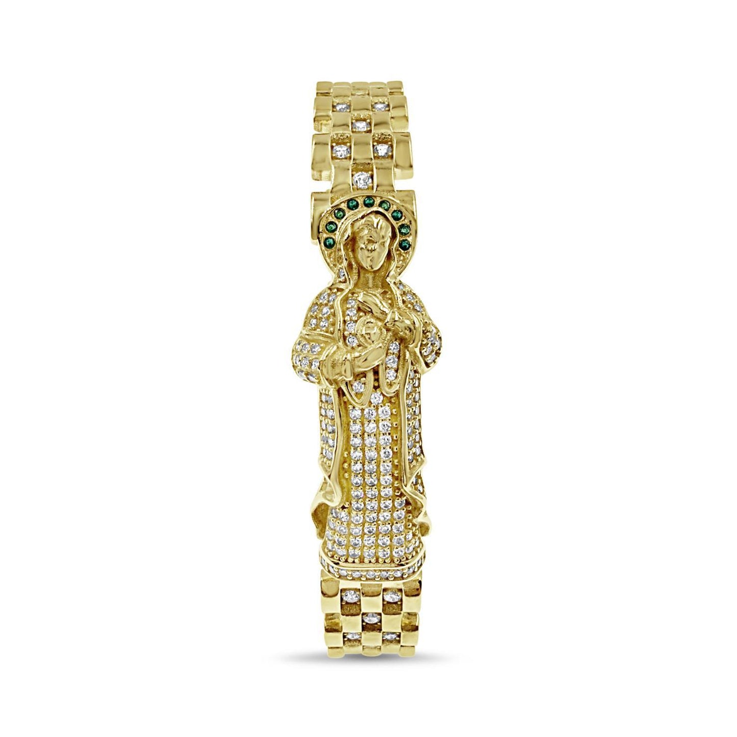 10K Yellow Gold Virgin Mary Guadalupe CZ Hinged Mens Bangle Bracelet