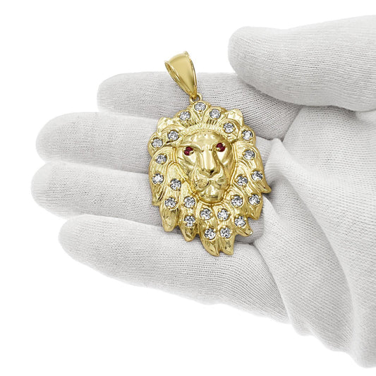 Lion Head Charm Pendant 10k Yellow Gold CZ Simulated Ruby 2.5 inch
