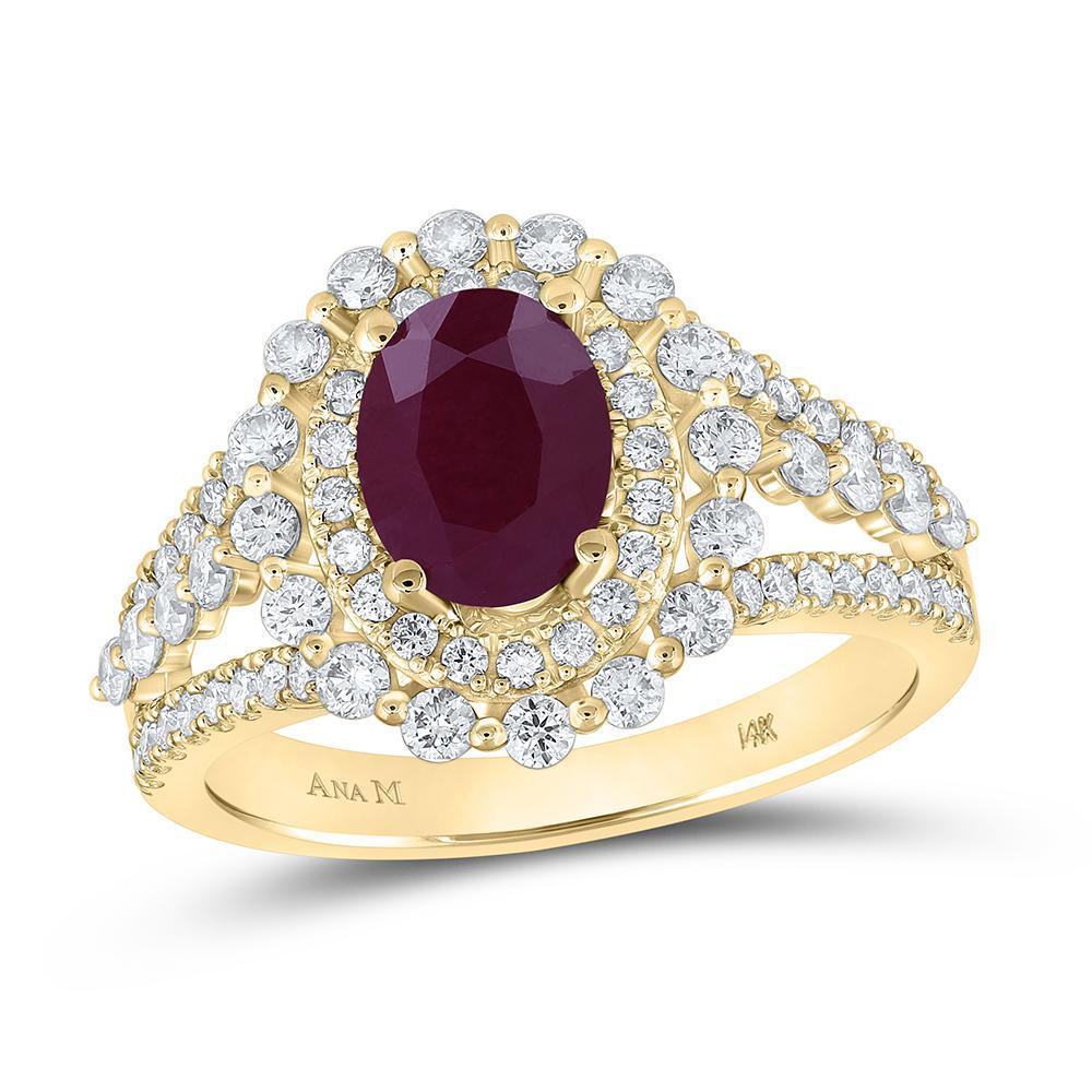 Natural Oval Ruby & Diamond Round Womens Ring 14k Yellow Gold 2.37 Cttw