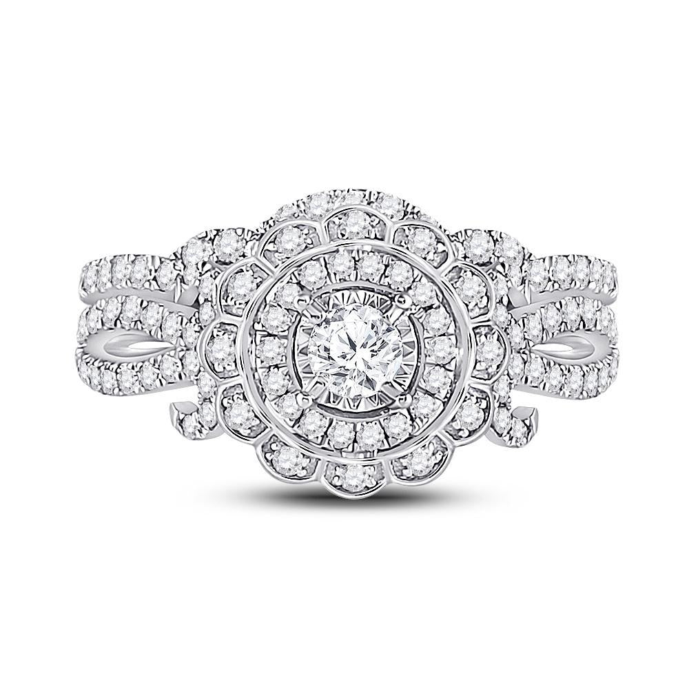 1 Cttw Round Diamond Halo Bridal Wedding Ring Set Band 14k White Gold