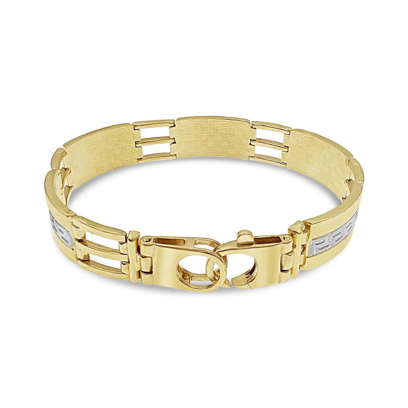 10k Yellow Gold 12mm Railroad Style Greek Key Bracelet Mens Two Tone Textured Links