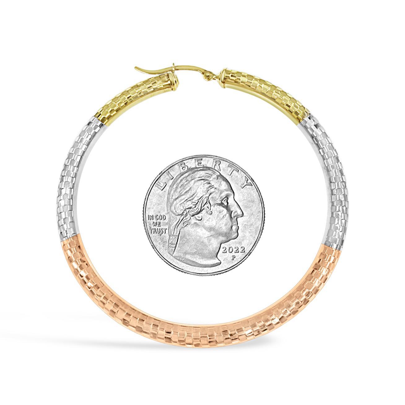 10K Tri Color Gold Large Womens Hoop Earrings Hinged 2.2 Inch 4mm Textured