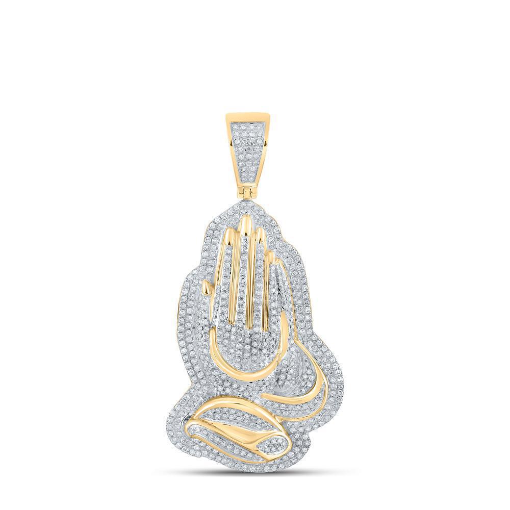 1.33 Cttw Round Diamond Praying Hands Mens Charm Pendant 10k Yellow Gold