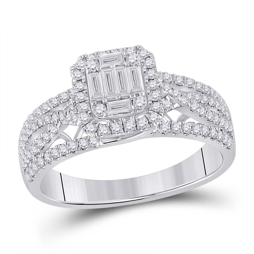 0.75 Cttw Baguette Diamond Cushion Cluster Engagement Ring 14k White Gold