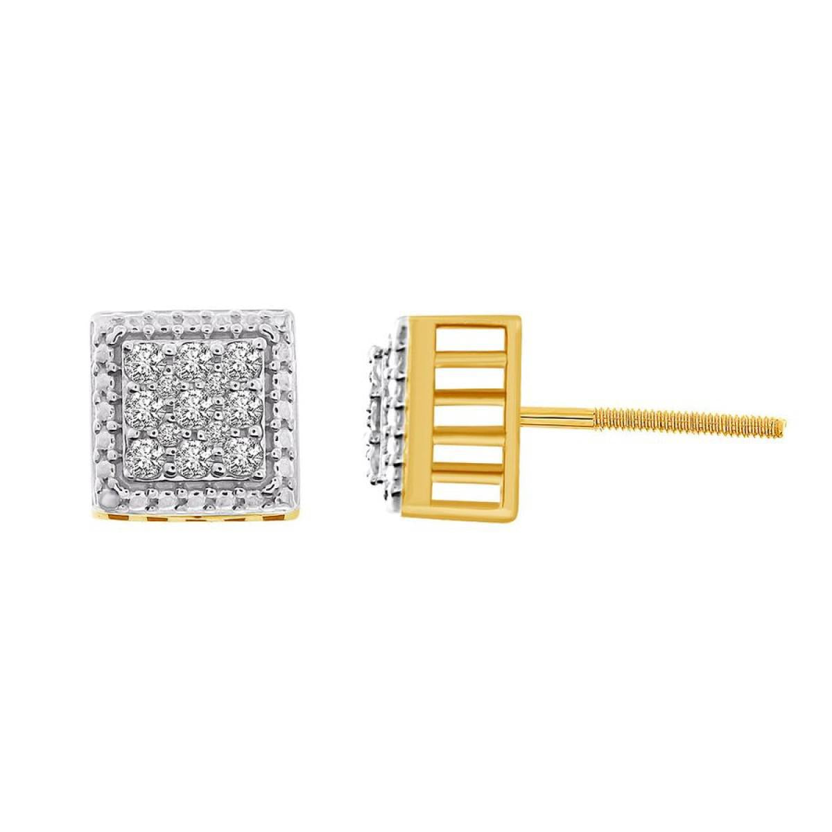 0.25ctw Diamond Square Cluster Mens Stud Earrings 10k Yellow Gold Screw Back